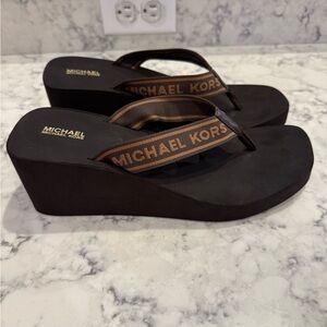 Michael Kors Dark Brown Wedge Flip Flops